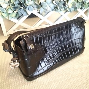 VINTAGE Y2K BRIGHTON CROC EMBOSSED EAST WEST BLACK LEATHER SHOULDER BAG